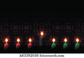 Kwanzaa. Concept of an African American festival in the United States. 7 candles of traditional colors. Ethnic patterns on the background. Kwanzaa. Concept of an African American festival in the United States. 7 candles of traditional colors. Ethnic patterns on the background.