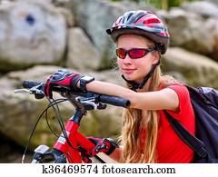 bicicletas, ciclismo, girl., ciclista, menina, relógio, ligado, watches.