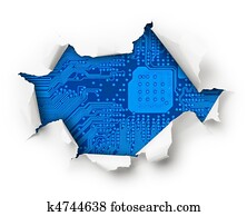 Electronics visible through broken white wall