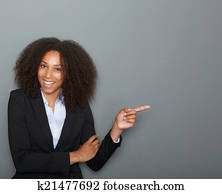 sorrindo, mulher negócio, apontando dedo