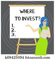 escrita, nota, mostrando, onde, investir, question., negócio, foto, showcasing, pedir, aproximadamente, onde, ponha, dinheiro, em, financeiro, esquemas, ou, shares.