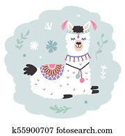 mão, desenhado, caricatura, Llama., cute, alpaca