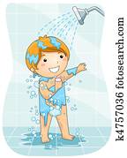 niño, en, el, ducha