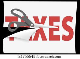 Tax cutting scissors cut TAXES on paper