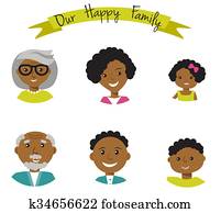 幸せ, african american 家族, 顔, 肖像画, の, ６, members:, 親, ∥（彼・それ）ら∥, 息子, そして, 娘, そして, grandparents., ベクトル, illustration.