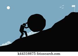 A strong man pushing a big rock up the hill to reach the goal on top. A strong man pushing a big rock up the hill to reach the goal on top.