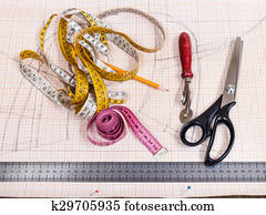 cutting table with pattern and tailoring tools