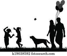 family walk the dog, the illustration of vectors