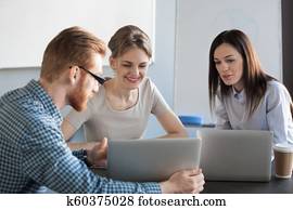 macho, trabajador, presentación, proyecto, a, hembra, colegas