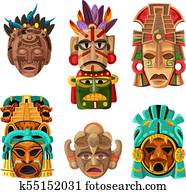 maya, maske, karikatur, satz maya, maske, karikatur, satz