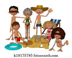 3d, caricatura, familia, en la playa