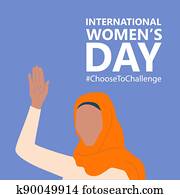 International womens day. 8th march. Poster with beautiful muslim woman with raised hand. Choose to Challenge campaign. Vector illustration in flat style for greeting card, postcard, banner. Eps 10.