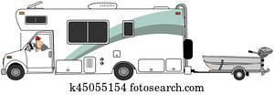 Motorhome towing a small fishing boat Motorhome towing a small fishing boat