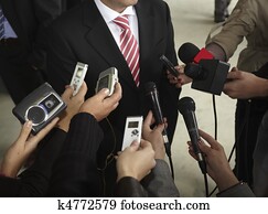 reunião negócio, conferência, jornalismo, microfones