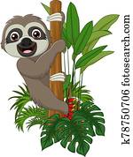 Cute baby sloth climbing on tree branch Cute baby sloth climbing on tree branch