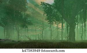 Fairy firefly lights in misty night forest Fairy firefly lights in misty night forest