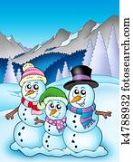 invierno, tema, con, snowman, familia