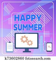 Word writing text Happy Summer. Business concept for Beaches Sunshine Relaxation Warm Sunny Season Solstice Business Concept PC Monitor Mobile Device Clipboard Ruler Ballpoint Pen. Word writing text Happy Summer. Business concept for Beaches Sunshine Relaxation Warm Sunny Season Solstice Business Concept PC Monitor Mobile Device Clipboard Ruler Ballpoint Pen.