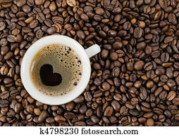 Background from coffee grains and a cup from coffee, the top view