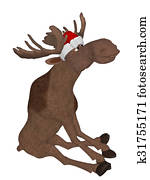Cute cartoon moose with a christmas hat Cute cartoon moose with a christmas hat
