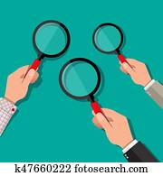 drie, handen, vasthouden, een, vergrootglas