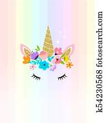 enhörning, huvud, med, blomstrar, -, kort, och, skjorta, design