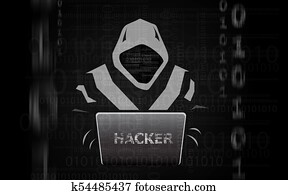 Hacker man in hoodie with laptop flat isolated on dark background Hacker man in hoodie with laptop flat isolated on dark background