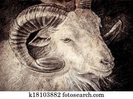 Sketch made with digital tablet of goat head with big horns Sketch made with digital tablet of goat head with big horns