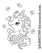 söt, tecknad film, enhörning, kolorit, sida