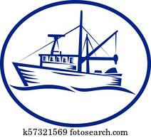 Commercial Fishing Boat Oval Woodcut Commercial Fishing Boat Oval Woodcut