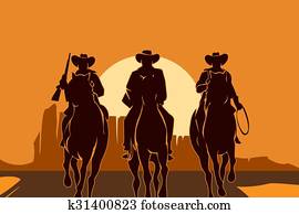 cowboys, reiten, pferden, in, wüste cowboys, reiten, pferden, in, wüste