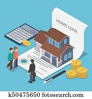 Isometric couple talking with real estate agent. Isometric couple talking with real estate agent.