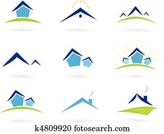 vastgoed, /, huisen, logo, iconen