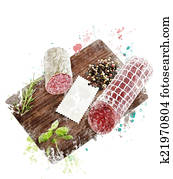 Watercolor Image Of Hard Salami, Herbs and Spices Watercolor Image Of Hard Salami, Herbs and Spices