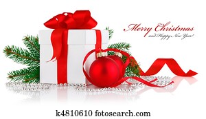 christmas gift with red balls and branch firtree christmas gift with red balls and branch firtree