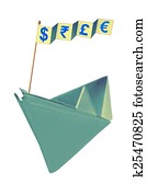 Origami paper boat with flag writing different currency signs Origami paper boat with flag writing different currency signs