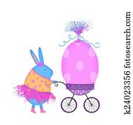 påsk kanin, in, a, rosa tutu, pressande, en, ägg, in, a, barnvagn