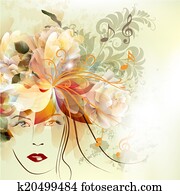 עצב, אישה, עם, פנים יפות, ו, פרחים