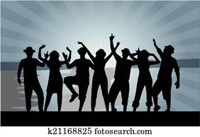 그룹, 의, 행복하다, 젊은이, 댄스, 바닷가에