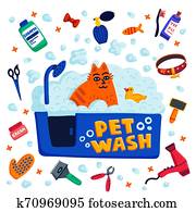 Pet grooming concept. Cat sitting in a bath with foam and goods for bathing on white background. Cat care, grooming, hygiene, health. Pet shop, accessories. Flat style vector illustration. Pet grooming concept. Cat sitting in a bath with foam and goods for bathing on white background. Cat care, grooming, hygiene, health. Pet shop, accessories. Flat style vector illustration.