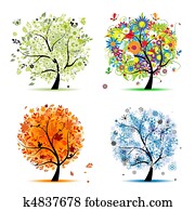 quatro estações, -, primavera, verão, outono, winter., arte, árvore, bonito, para, seu, desenho