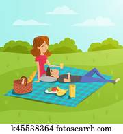 vektor, illustrasjon, av, glad par, har picnic, inn, det, park.