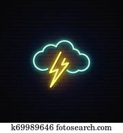 ענן, ו, ברק, נאון, icon.