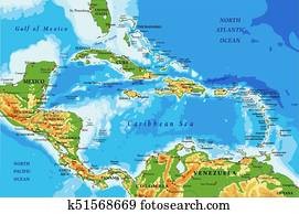 américa central, e, ilhas caraíbas, físico, mapa