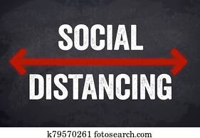 Black chalkboard with red arrows and message social distancing Black chalkboard with red arrows and message social distancing
