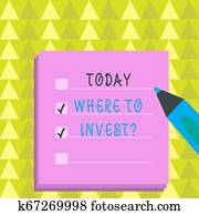 schreibende, merkzettel, ausstellung, wohin, investieren, question., geschaefts, foto, showcasing, fragen, über, wohin, stellen, geld, in, finanziell, schemas, oder, anteile, machen, prüfen liste, planer, blätter, mit, zecke, kasten, und, markierung, pen.