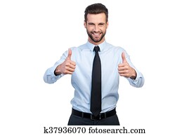 Thumbs up for success! Confident young handsome man in shirt and tie showing his thumbs up and smiling while standing against white background