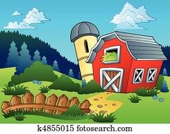 Landscape with farm and fence Landscape with farm and fence