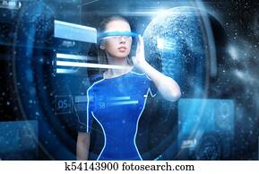 woman in virtual reality glasses over space