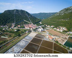 Aerial view of saltworks in Ston town.